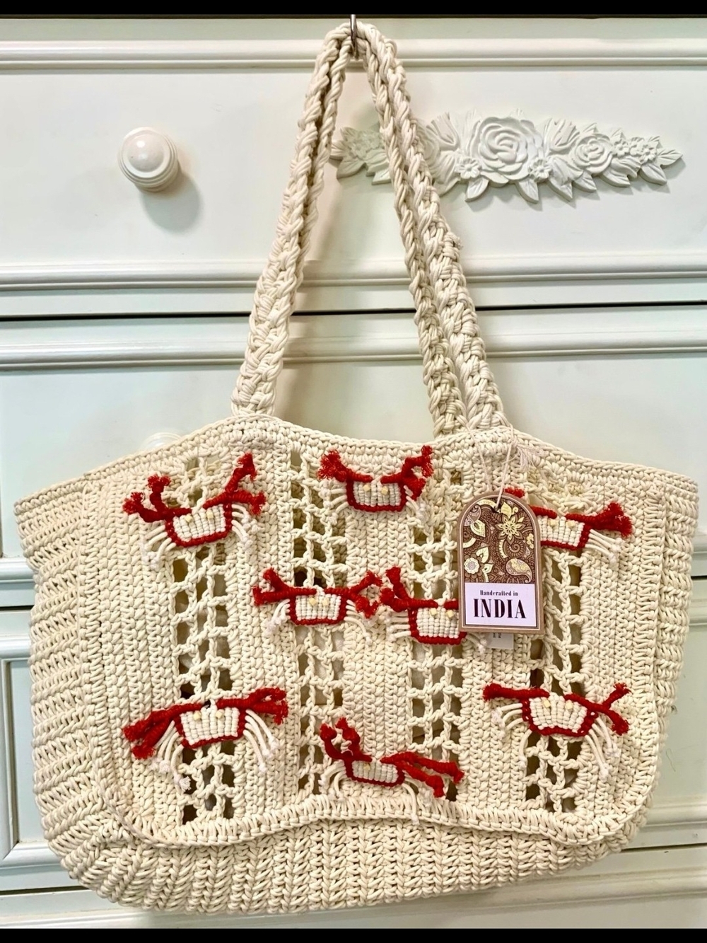 Hand Crafted Cream Crochet Tote with Red Embroidered Accents